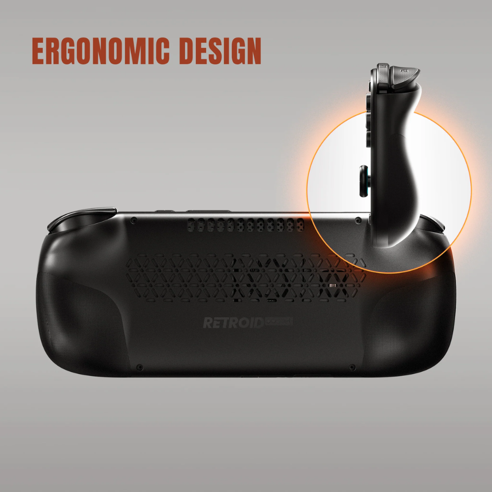 Black gaming controller with ergonomic design on a gray background, featuring the brand 'RETROiD'.