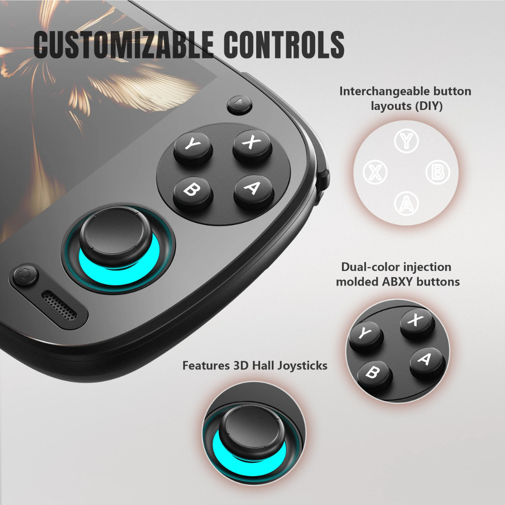 Gaming controller with customizable controls on a light gray background