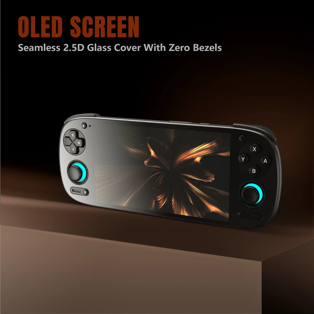 Gaming console with OLED screen on a dark background