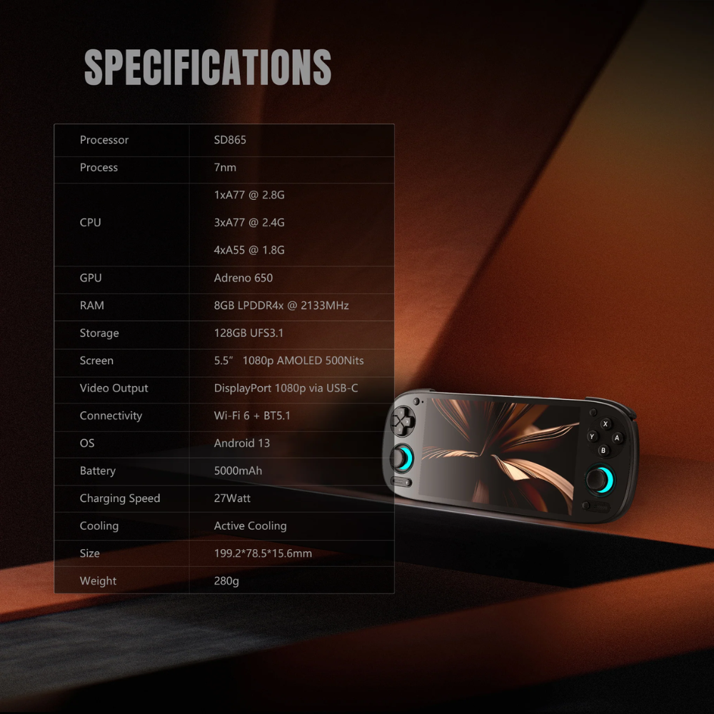 Gaming phone with specifications displayed on a dark background