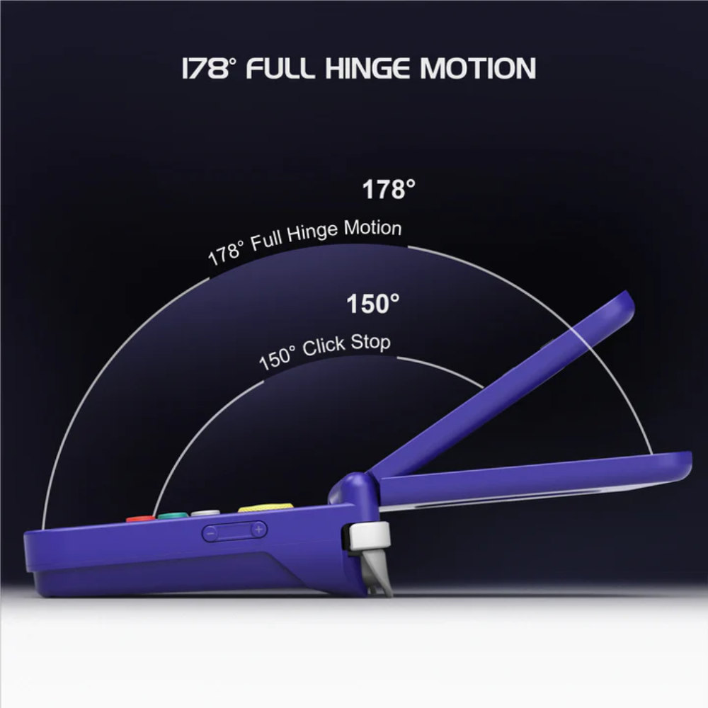 Purple device with a hinge motion display on a dark background