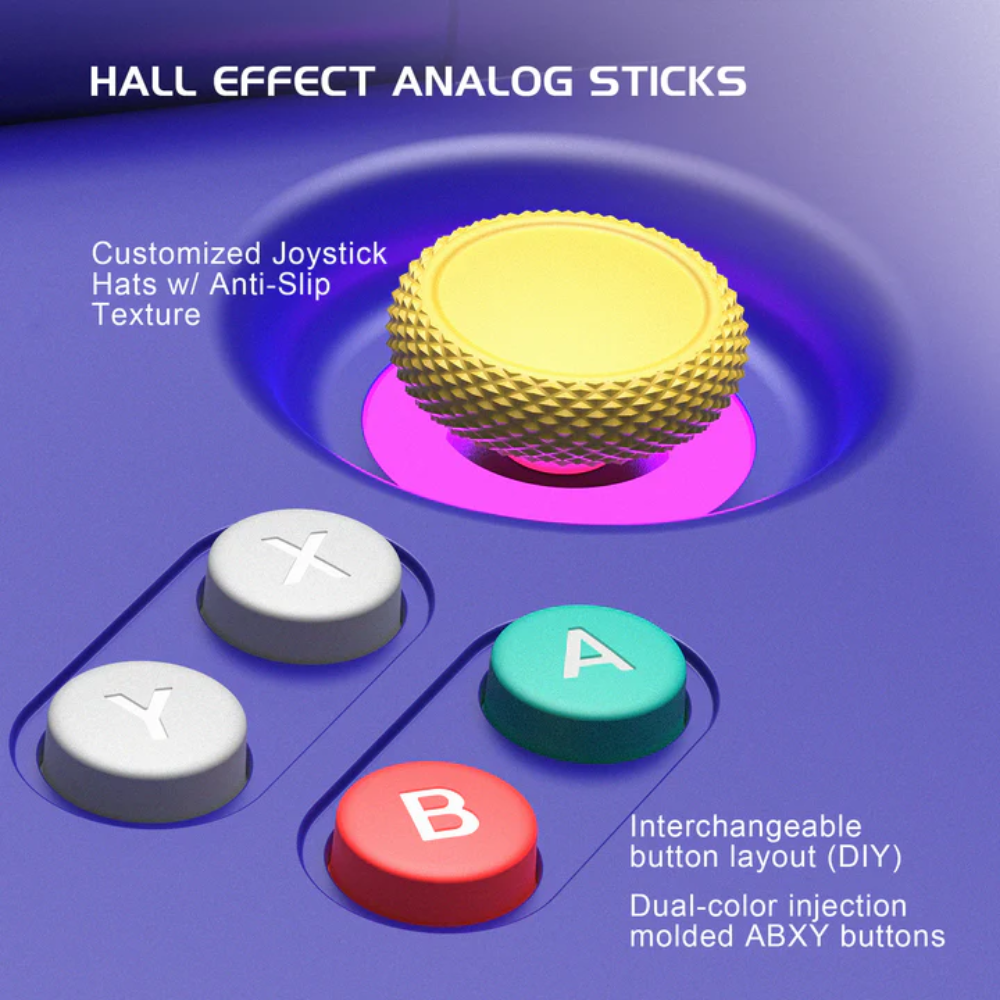 Hall effect analog sticks with customizable joystick hats and interchangeable buttons on a purple background.