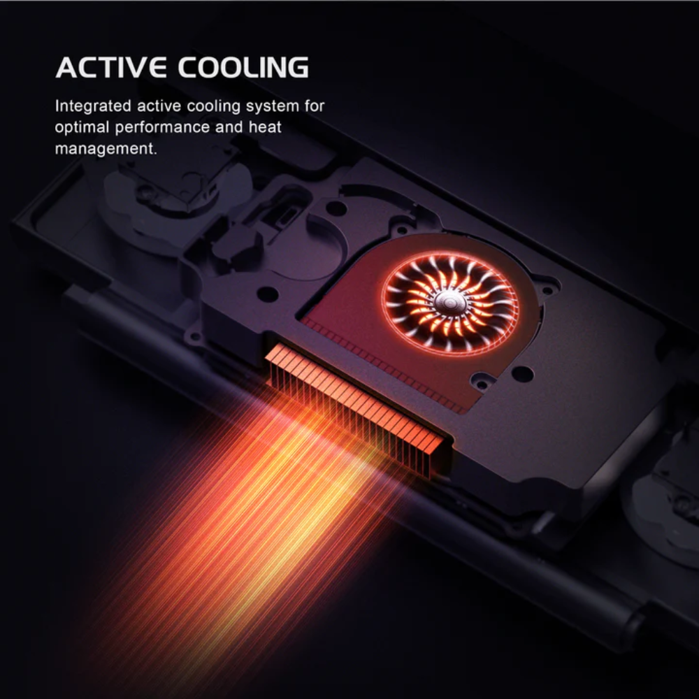 Active cooling system with glowing fan and text on a dark background