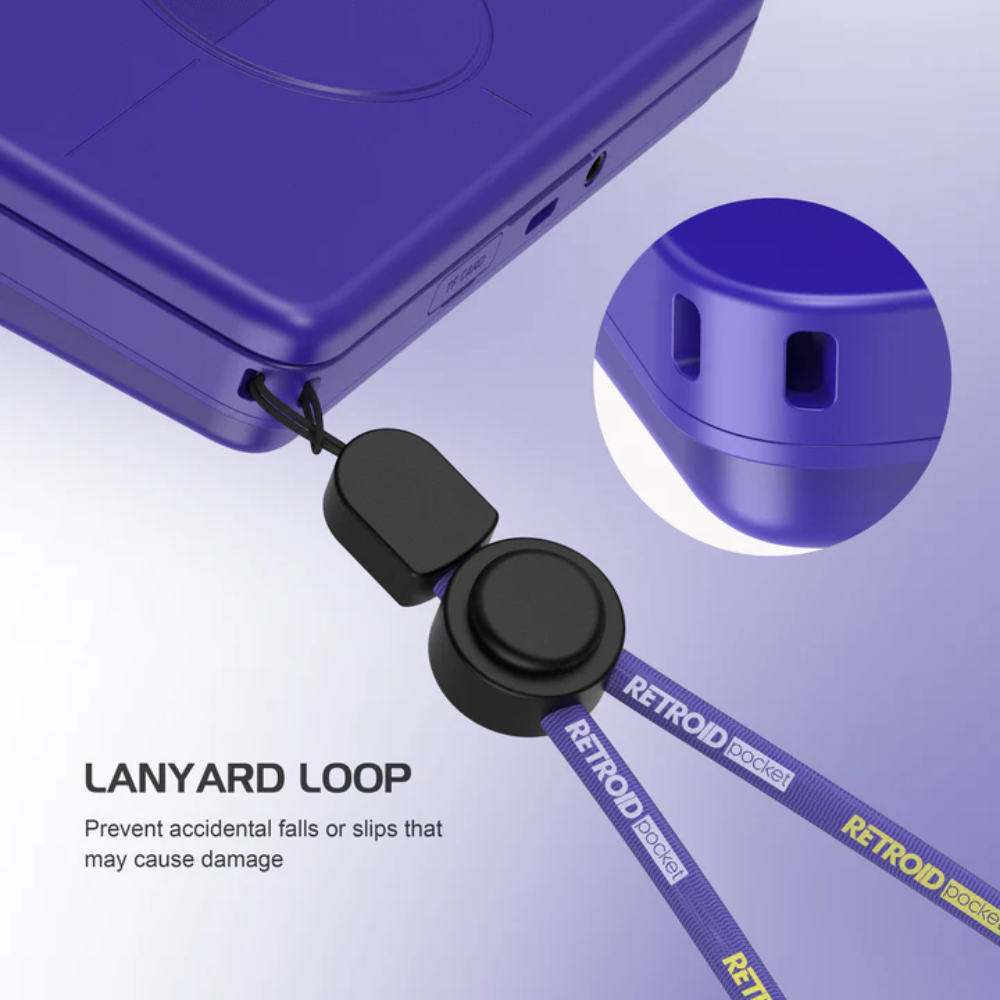Purple gaming console with a lanyard loop attachment on a light purple background