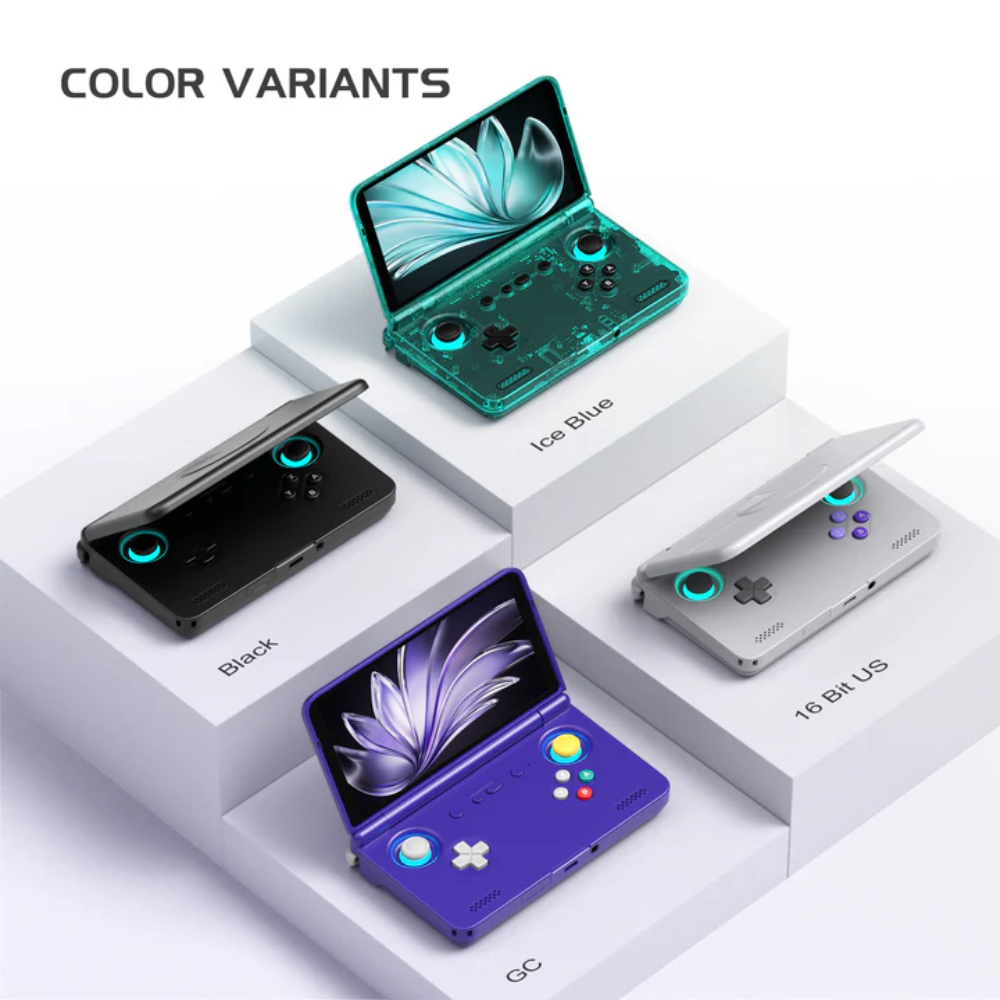 Four color variants of a handheld gaming device on a white background with 'Color Variants' text.