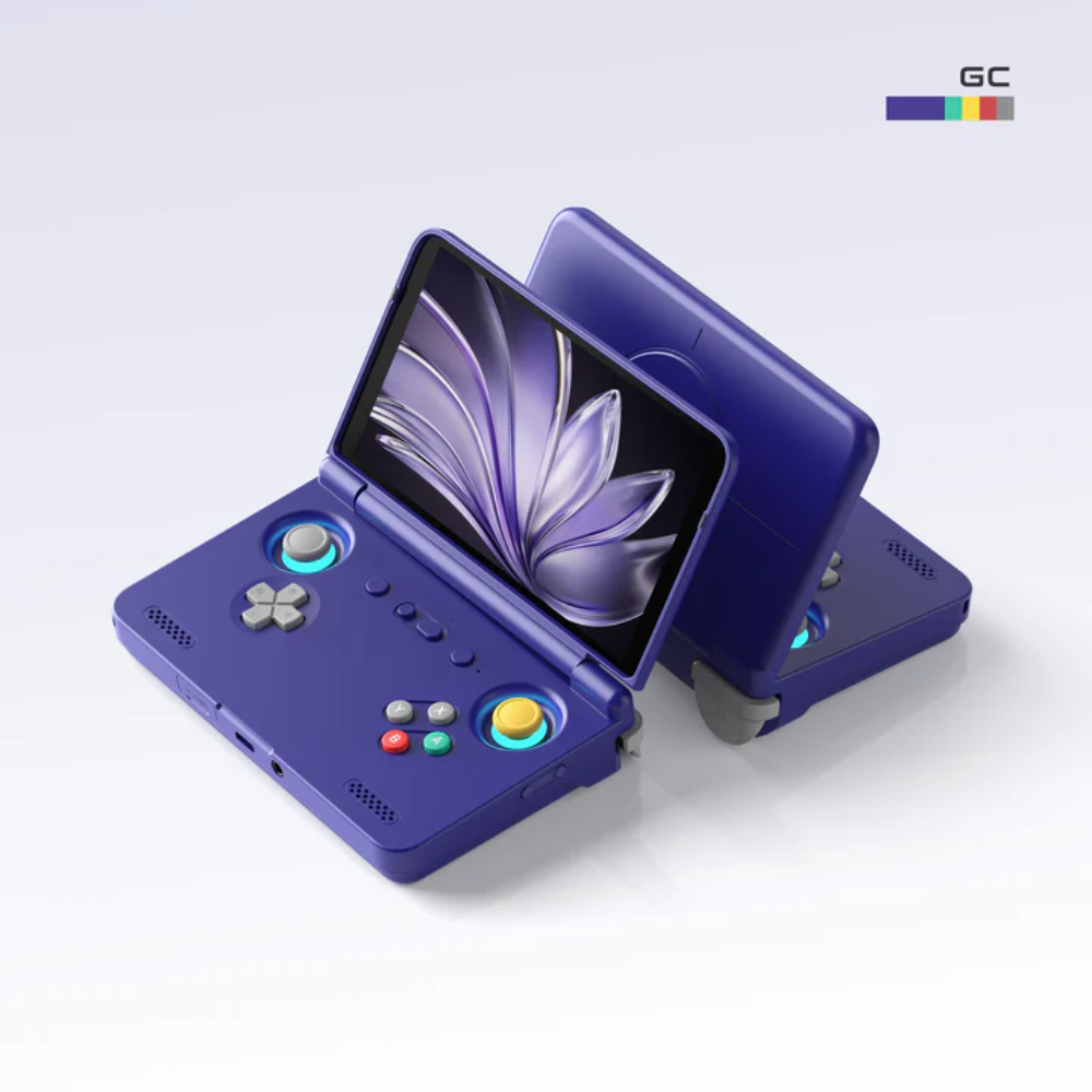 Purple handheld gaming console with a screen displaying a floral design on a white background