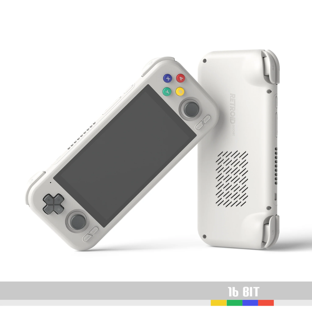White handheld gaming console with a screen and control buttons on a white background