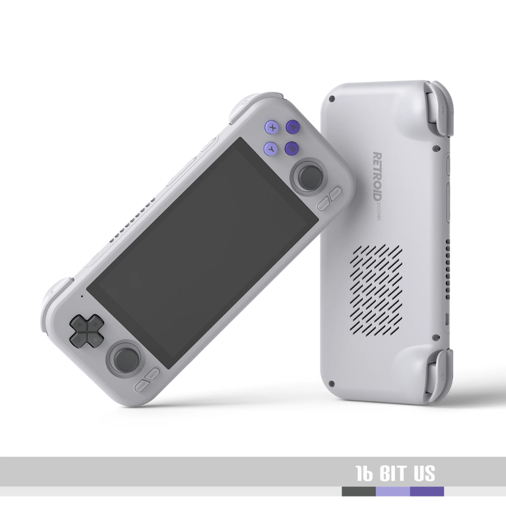 White handheld gaming console with screen and control buttons on a white background