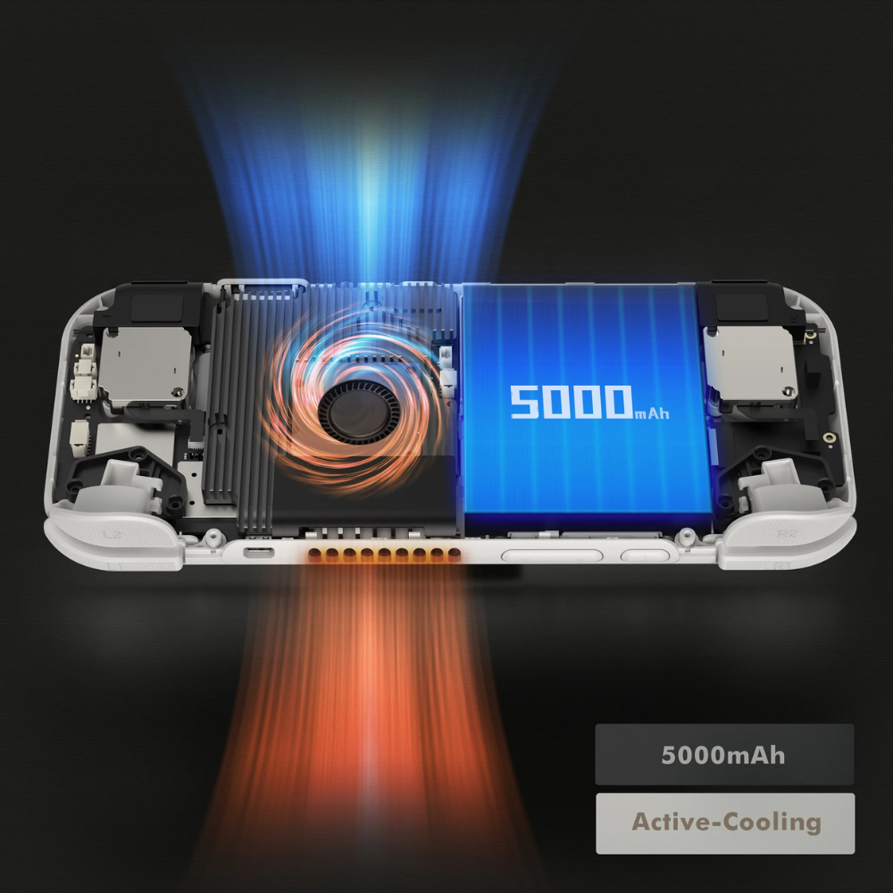 Handheld console with 5000mAh battery and active cooling system on a dark background