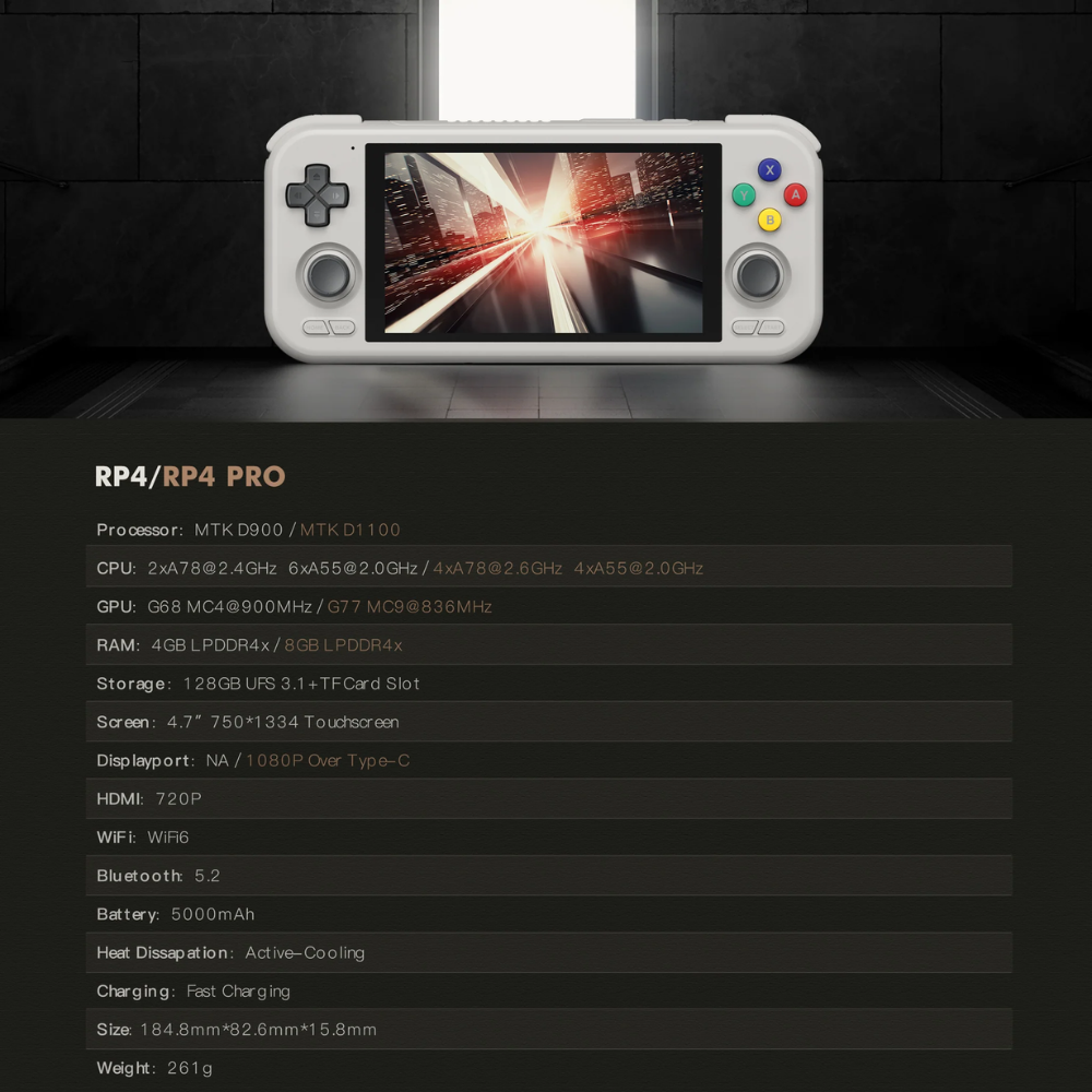 Handheld gaming console with specifications displayed on a dark background