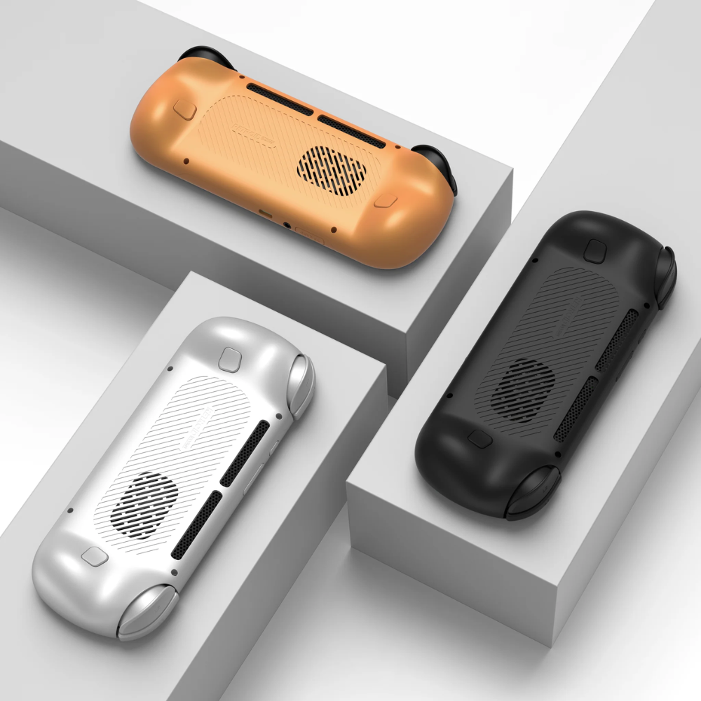 Three portable devices in orange, black, and silver on a white geometric background