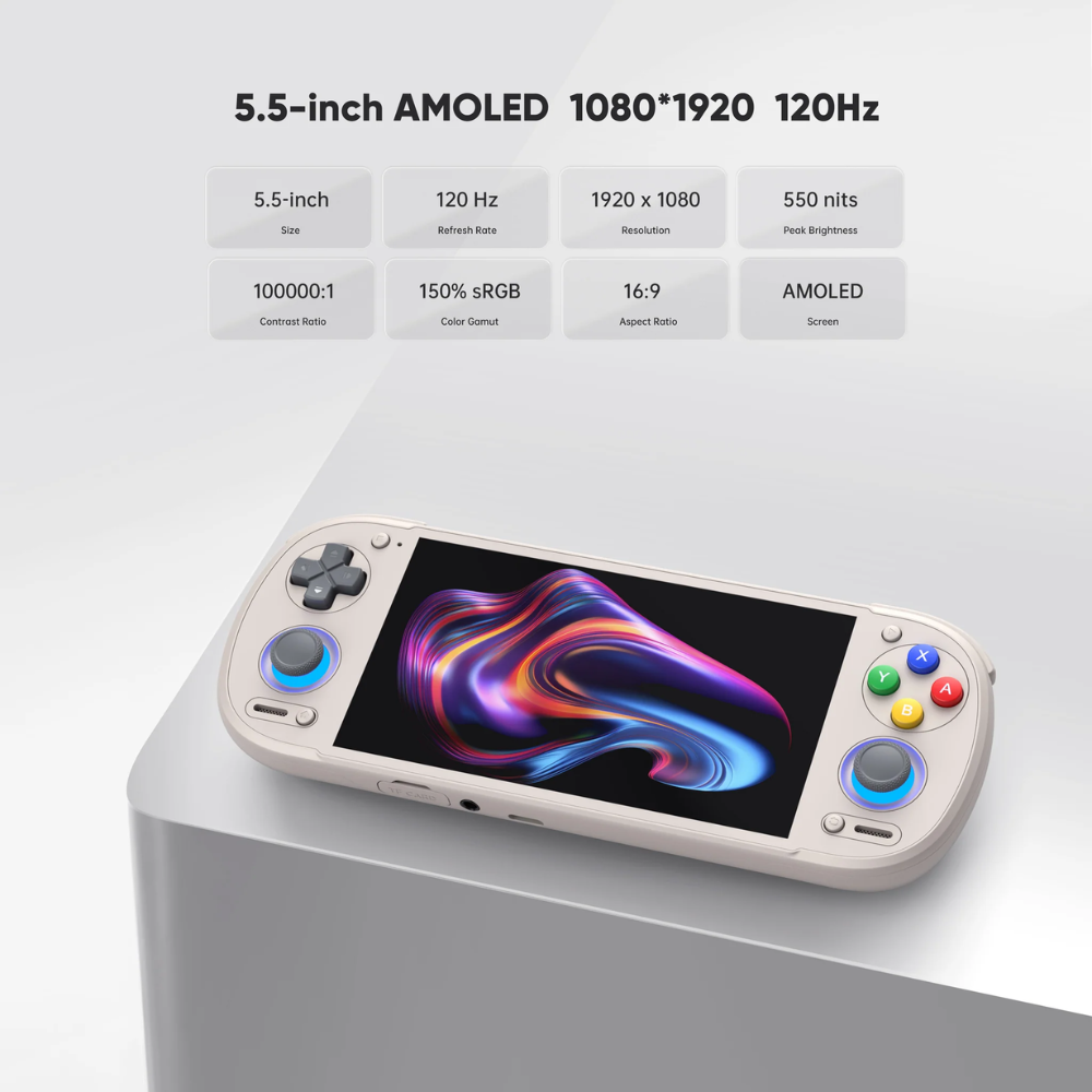 Handheld gaming console with 5.5-inch AMOLED display on a light gray background