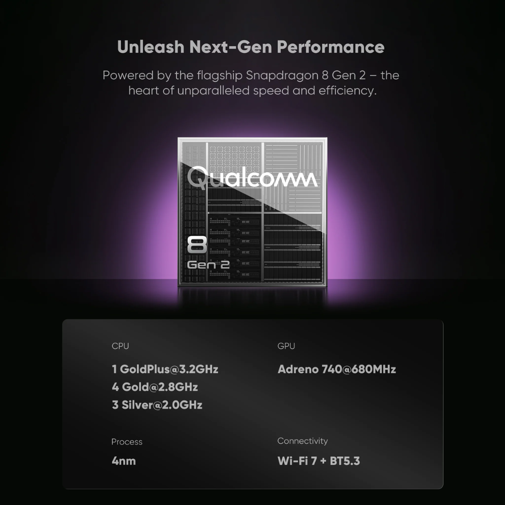 Qualcomm Snapdragon 8 Gen 2 processor with specifications on a dark background