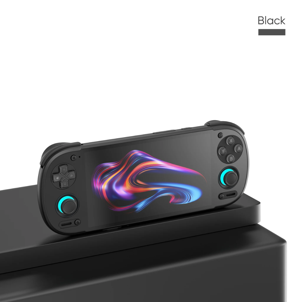 Black handheld gaming console with colorful design on a white background