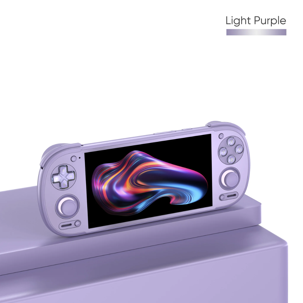 Light purple handheld gaming console with a colorful display on a white background