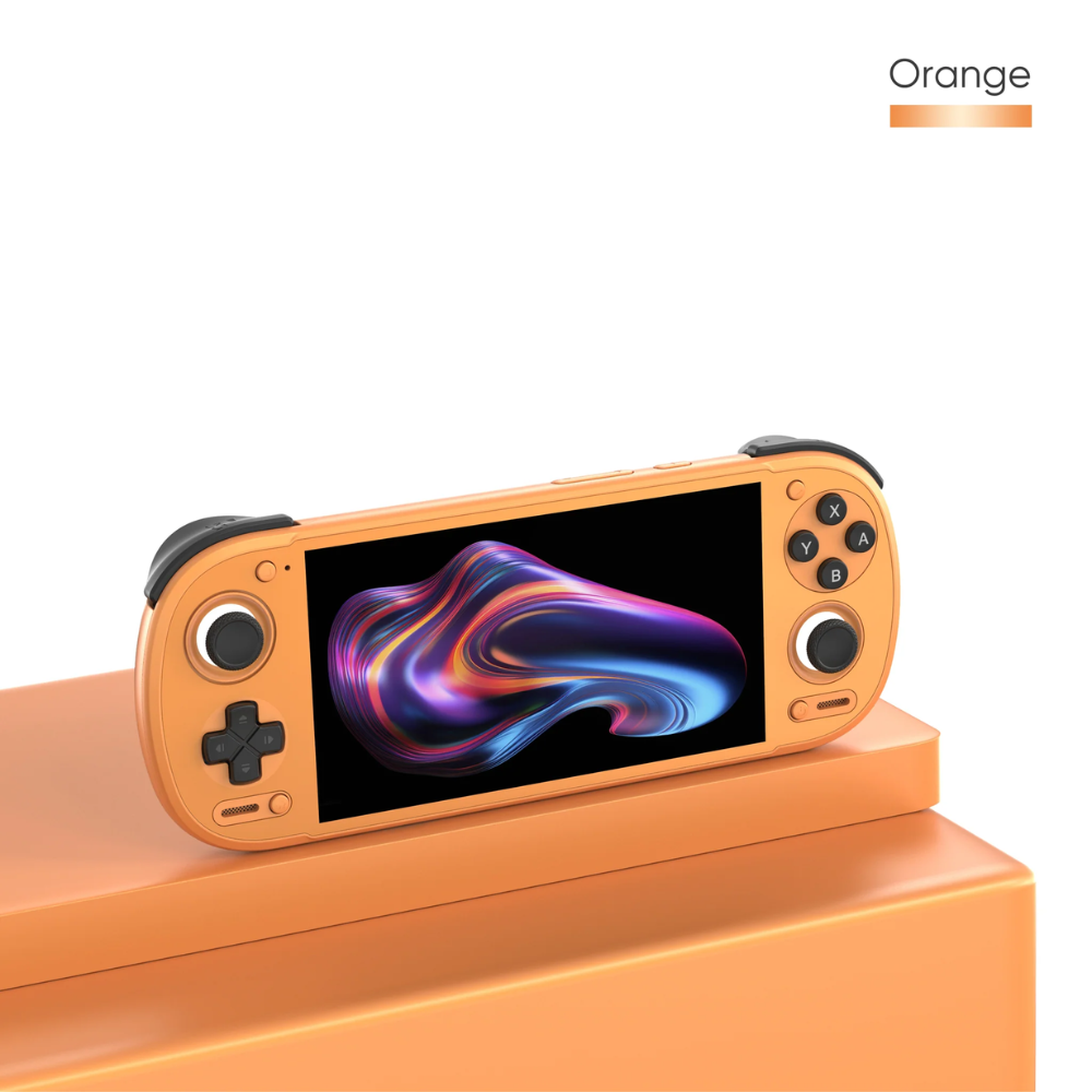 Orange handheld gaming console with colorful display on a white background