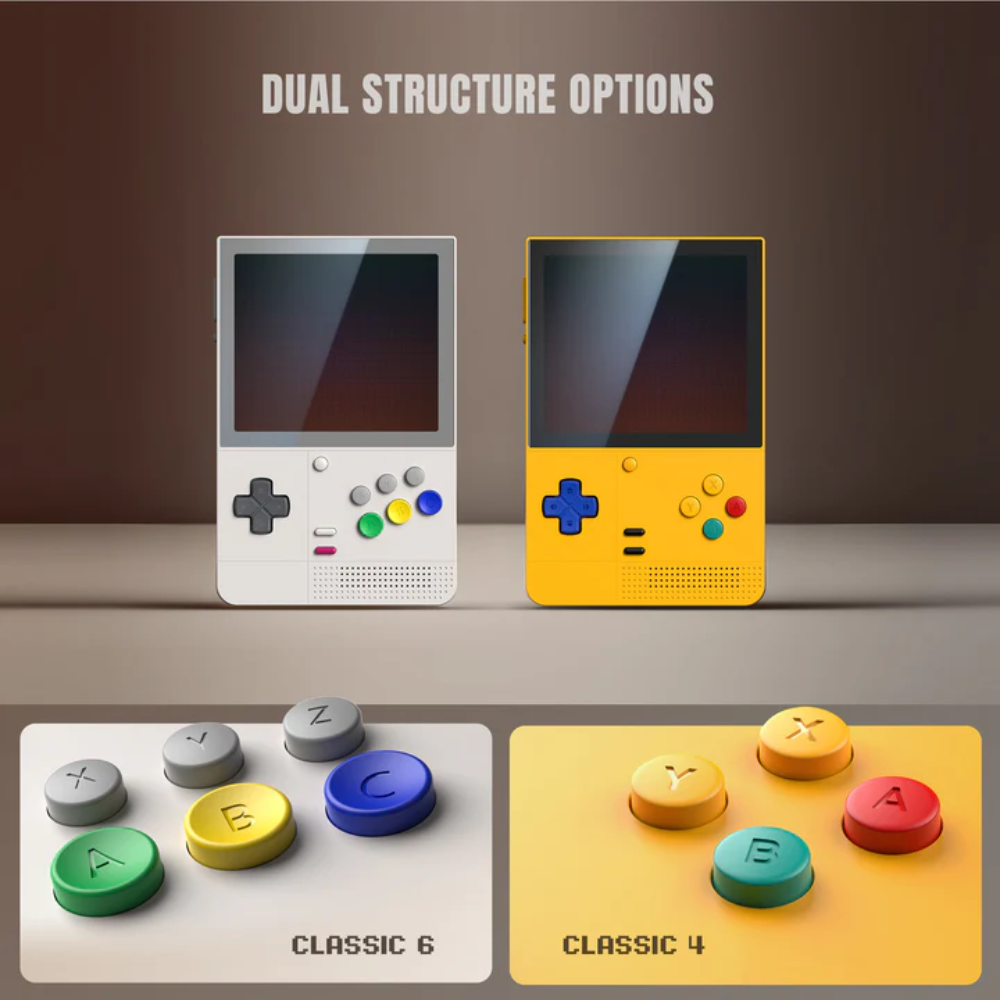 Two handheld gaming consoles with colorful buttons on a gray surface.