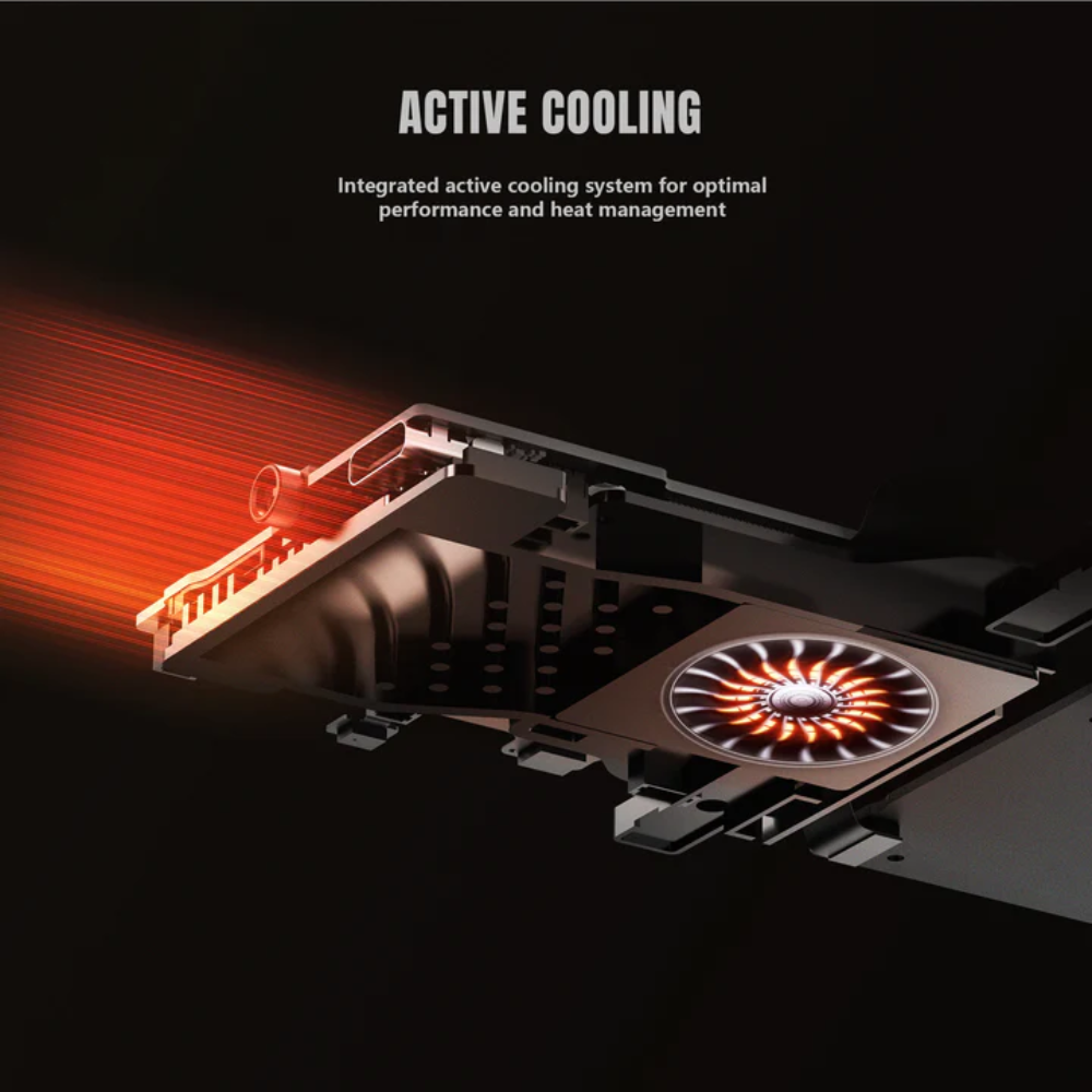 Computer graphics card with active cooling system on a black background
