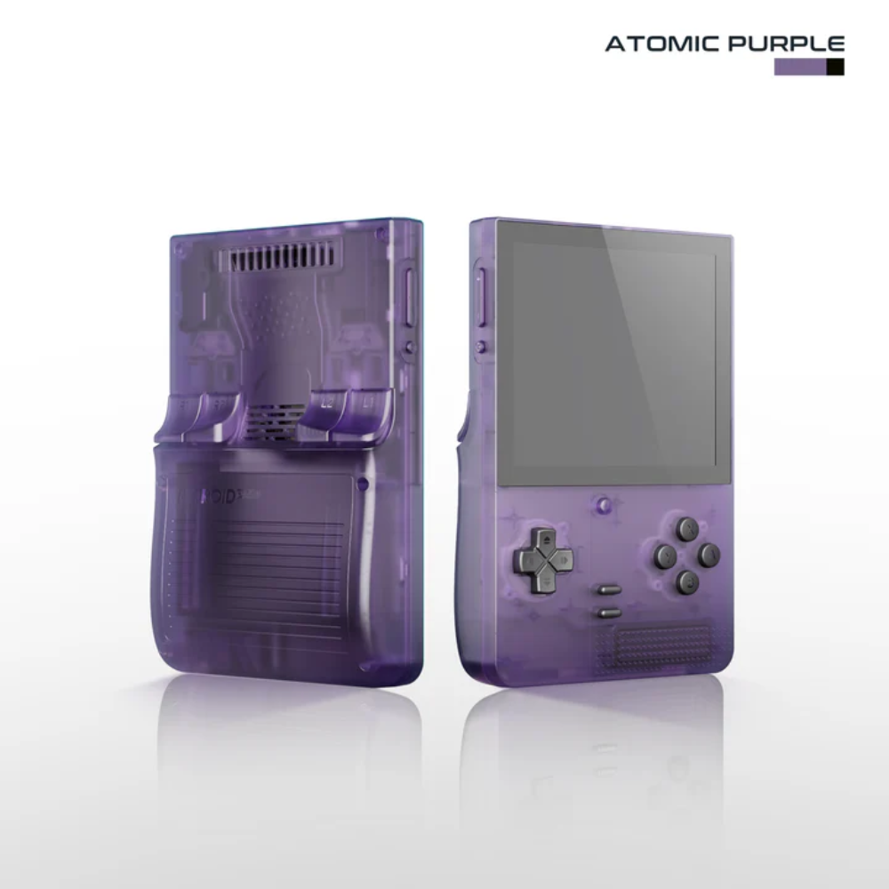 Purple handheld gaming console with 'Atomic Purple' label on a white background