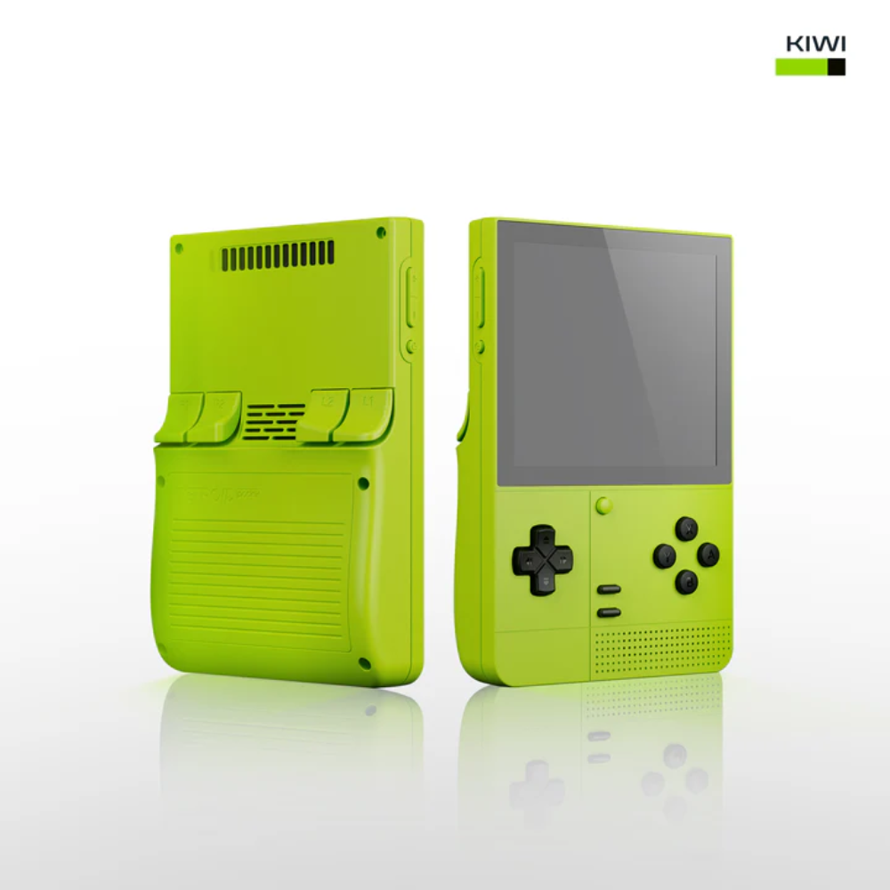 Green handheld gaming console with back and front views on a white background