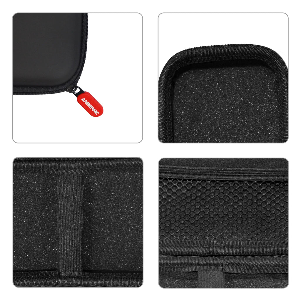 Black zippered pouch with textured surface and red brand label on a white background