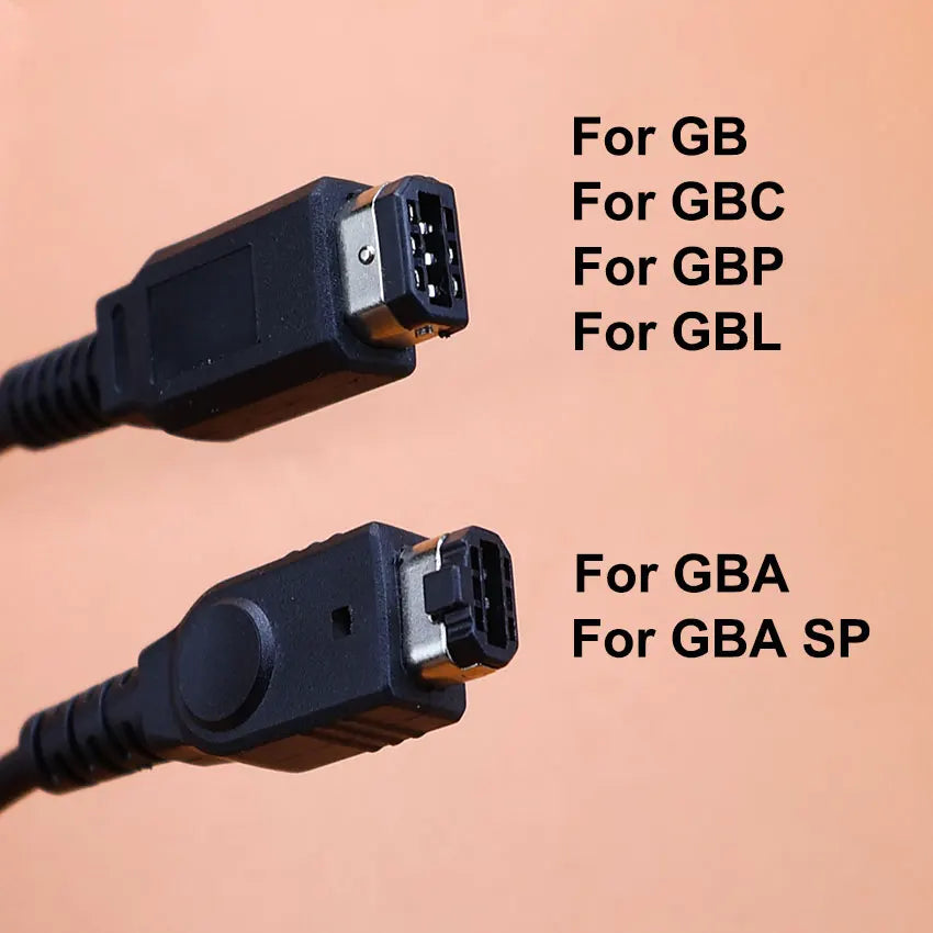 Two gaming cables with connectors labeled for different Game Boy series on a peach background.