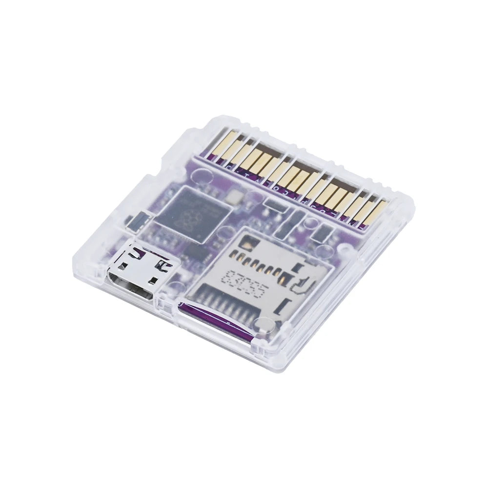 Clear electronic module with various components on a white background