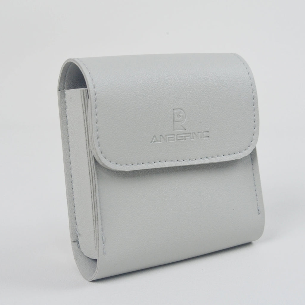 Gray case with a brand logo on a light gray background
