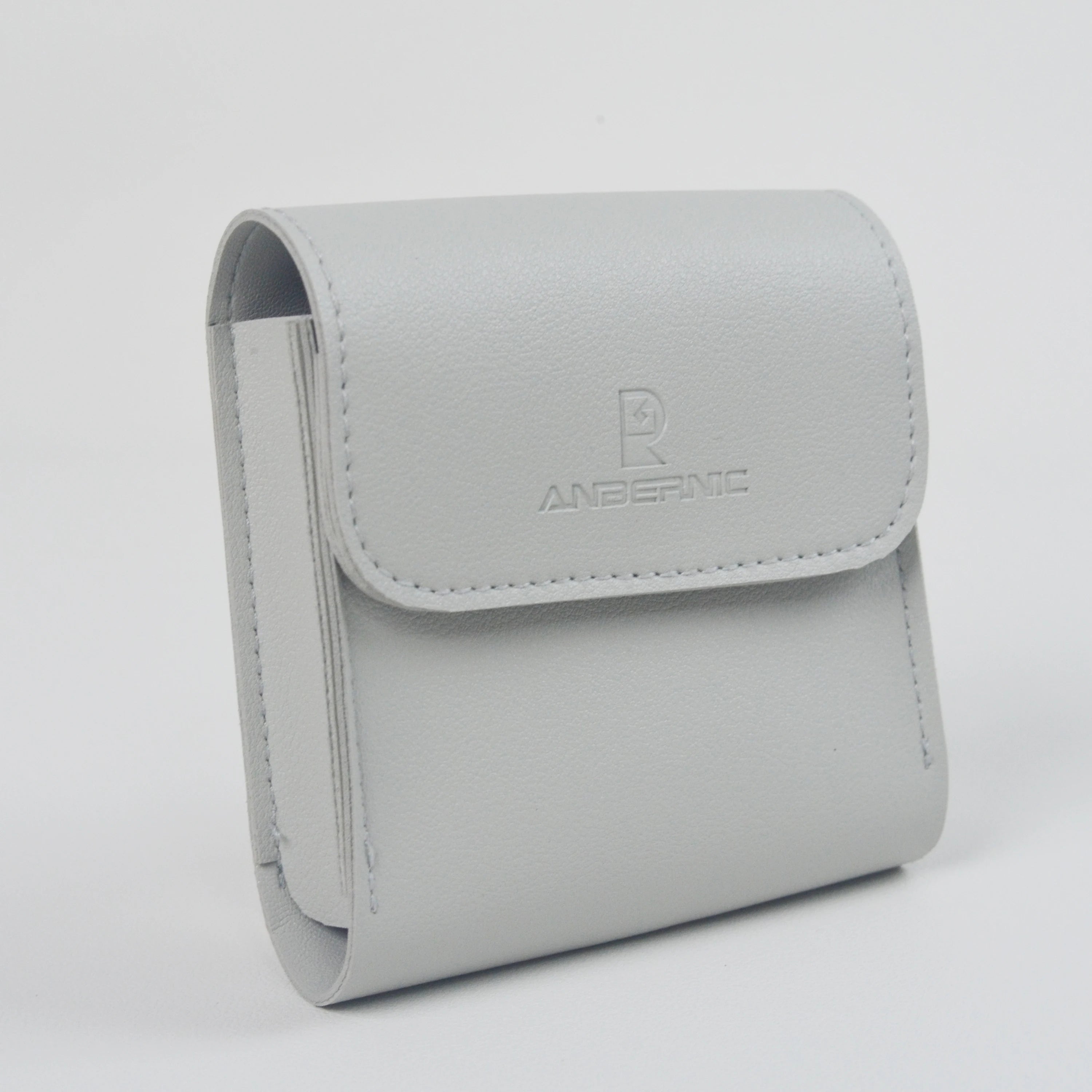 Gray case with a brand logo on a light gray background