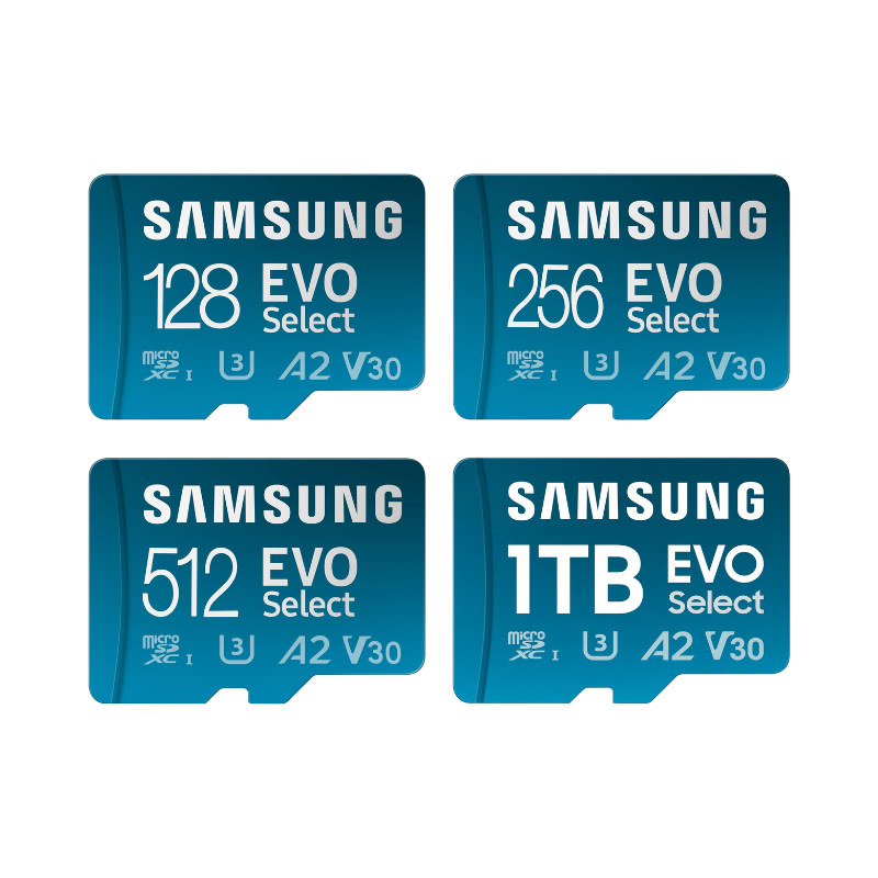 Four Samsung EVO Select microSD cards of different capacities on a white background