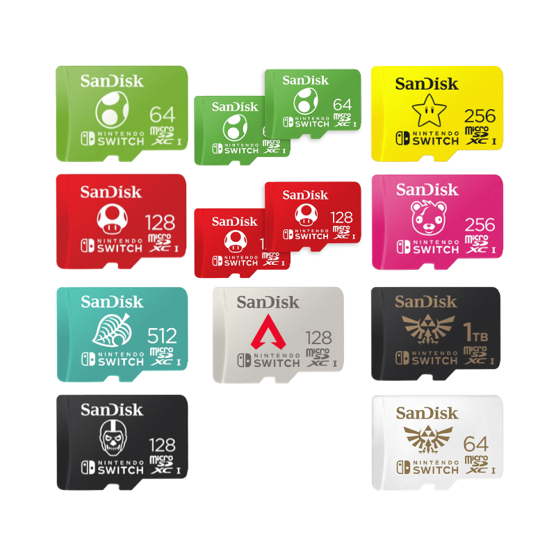 Collection of SanDisk microSD cards with various capacities and designs on a white background