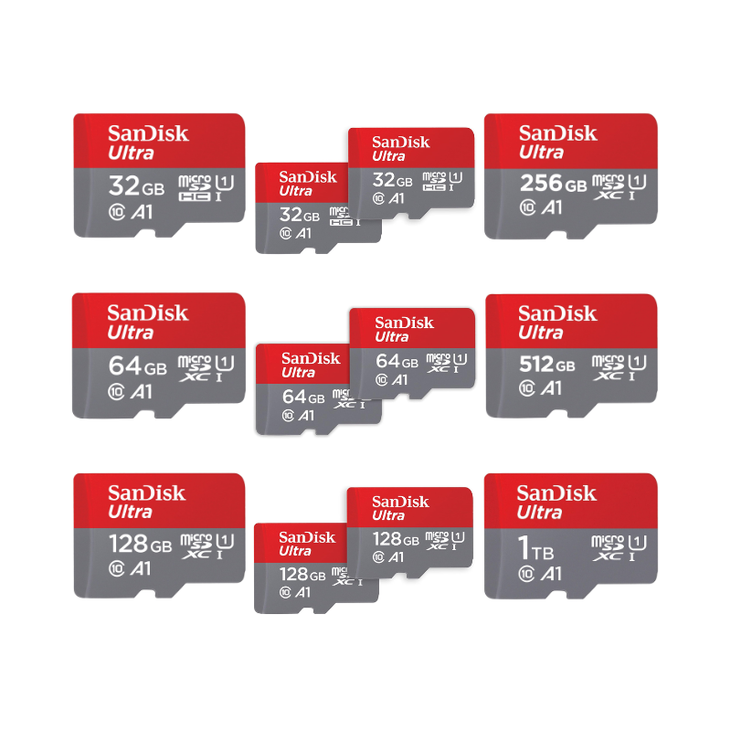 Set of SanDisk Ultra microSD cards in various capacities on a white background