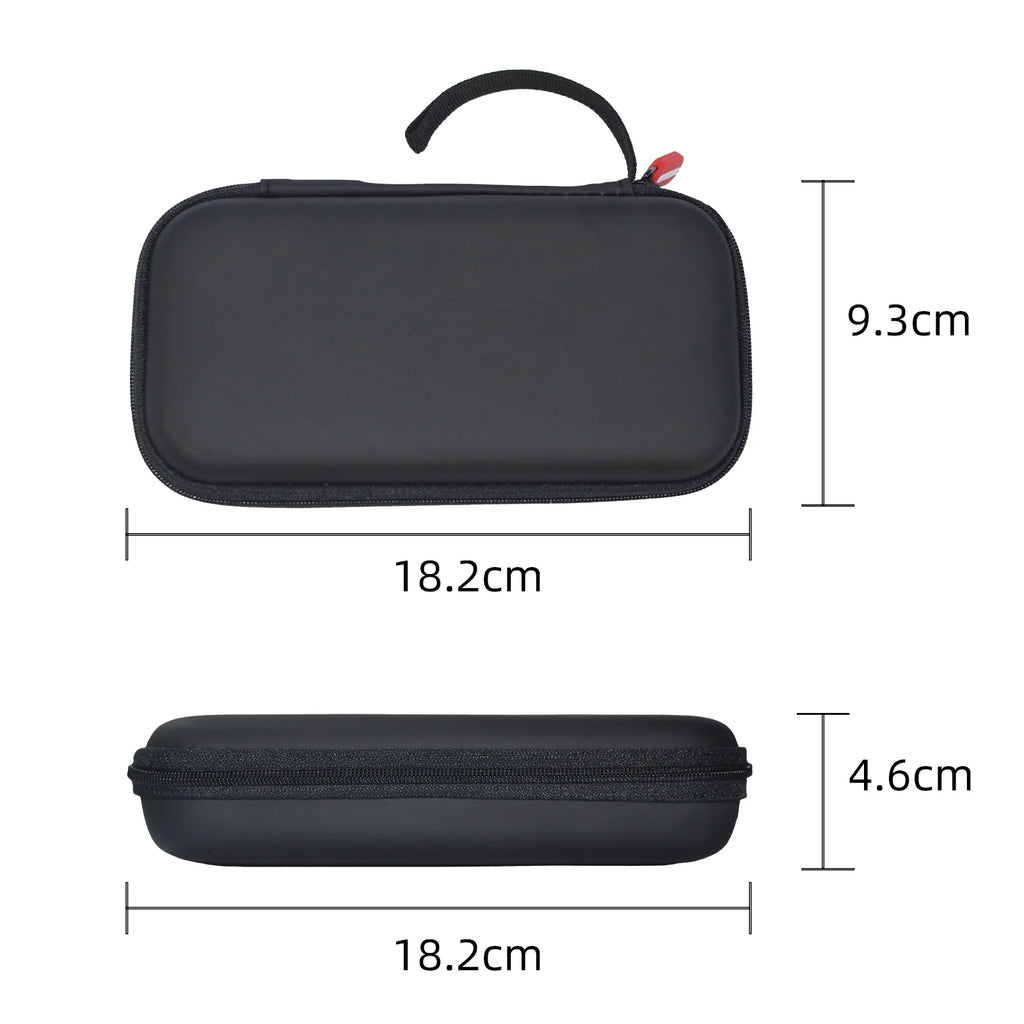 Black travel case with dimensions labeled on a white background