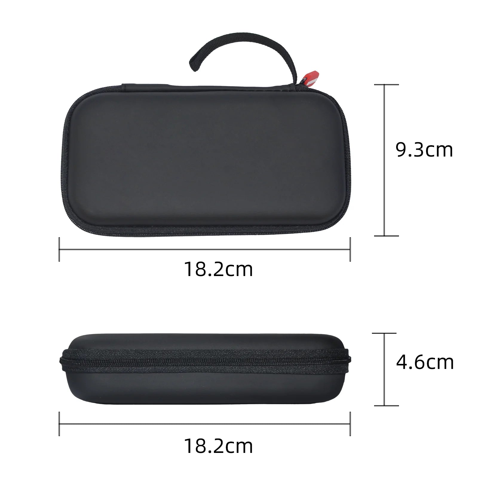 Black travel case with dimensions labeled on a white background