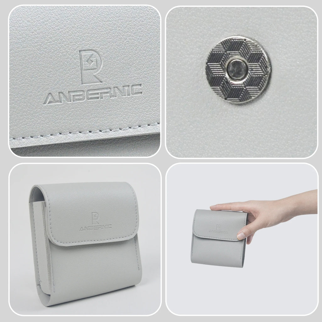 Collage of a gray case with ANBERNIC branding, showing different angles and details.