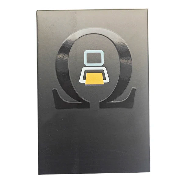 Black card with Omega symbol and computer icon on a white background