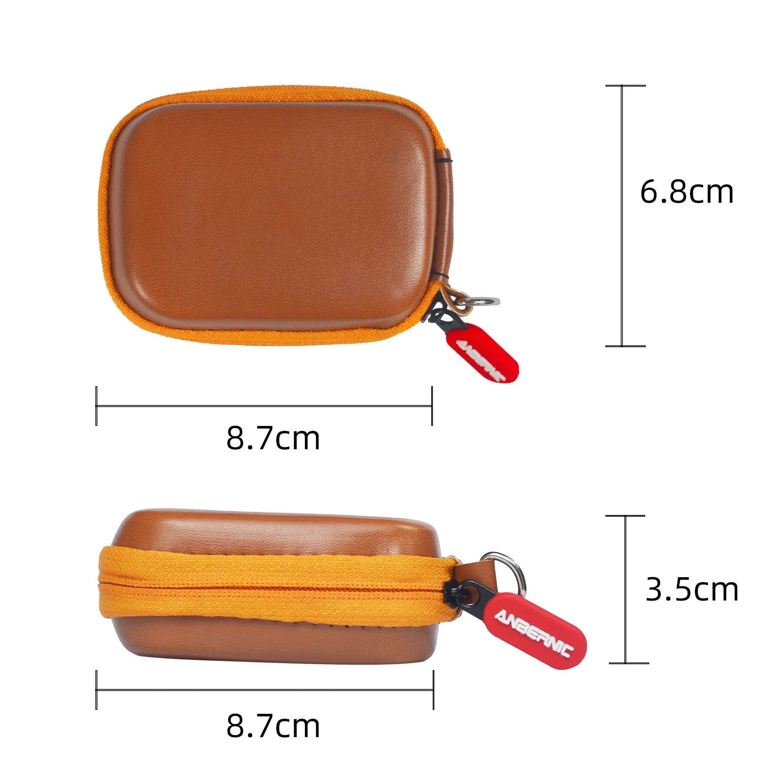Brown and orange pouch with a red tag, shown from two angles with measurements on a white background.