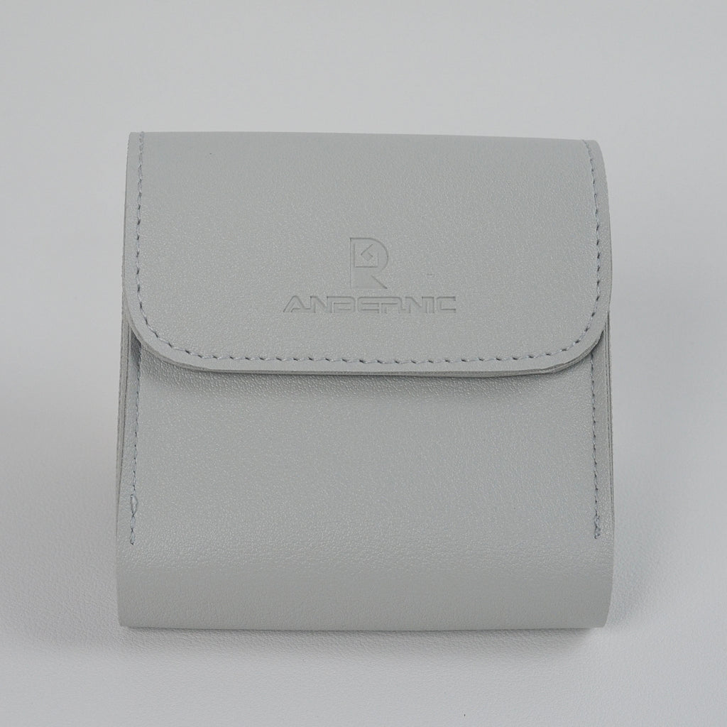 Gray case with brand logo on a light gray background