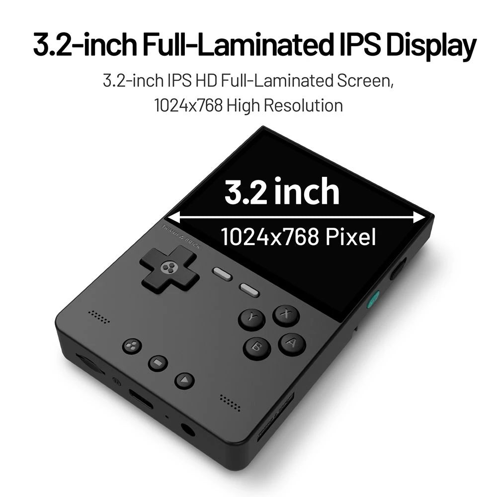 Black handheld gaming console with 3.2-inch full-laminated IPS display specifications on a white background
