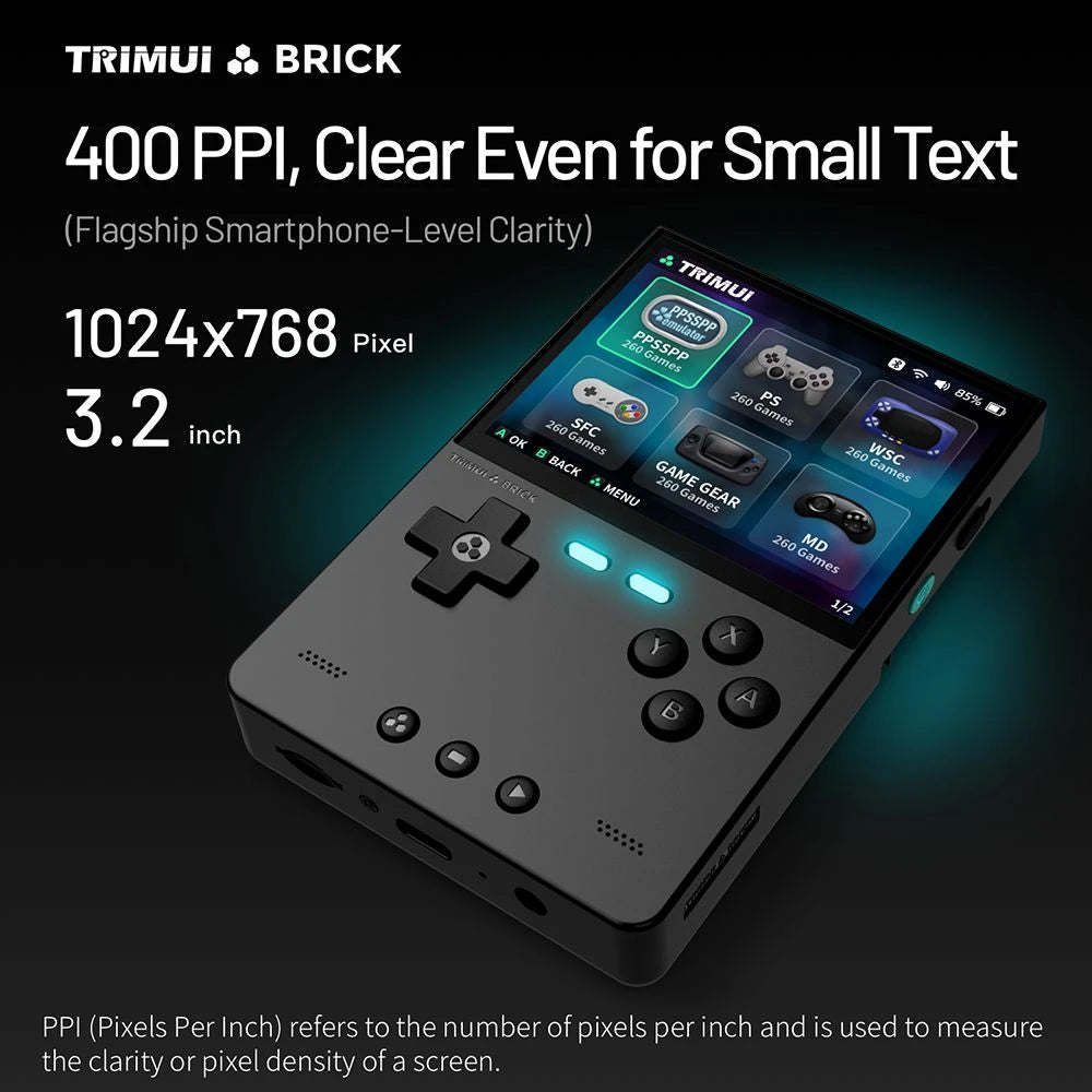 Handheld gaming console with screen displaying applications, branded 'TRIMUI BRICK'.