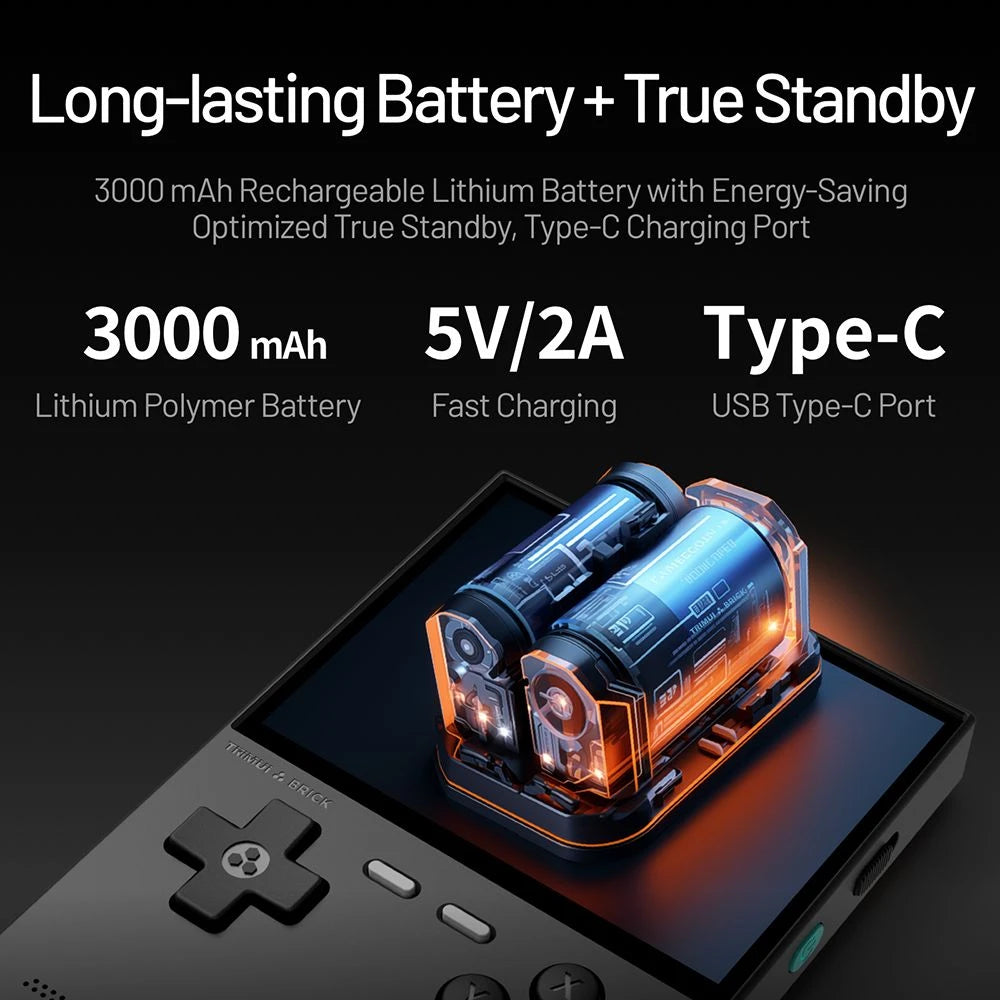 Gaming console with 3000mAh battery and Type-C charging port on a dark background