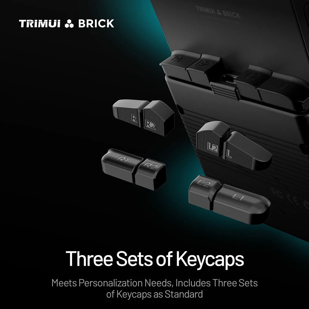 Three sets of keycaps with a keyboard on a dark background, featuring the Trimui Brick brand.