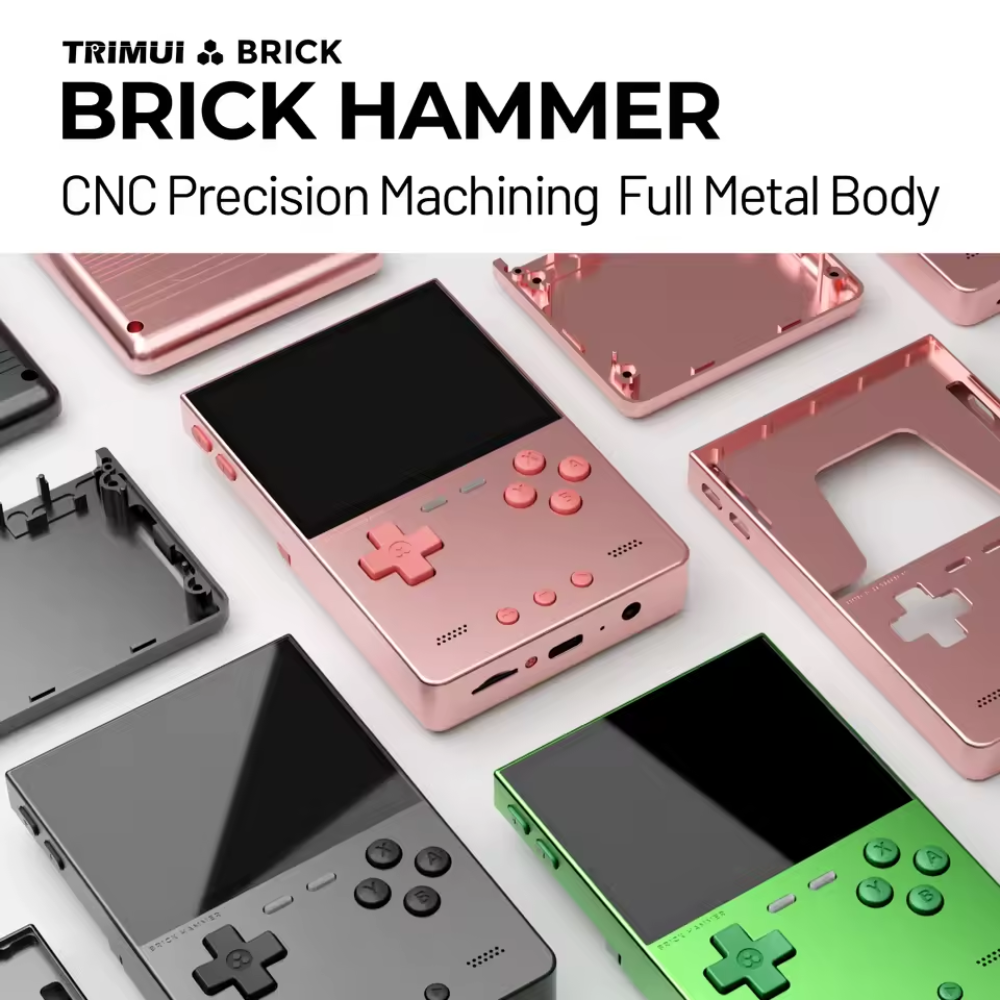 Pink and green handheld gaming consoles with 'BRICK HAMMER' branding and CNC precision machining on a white background.