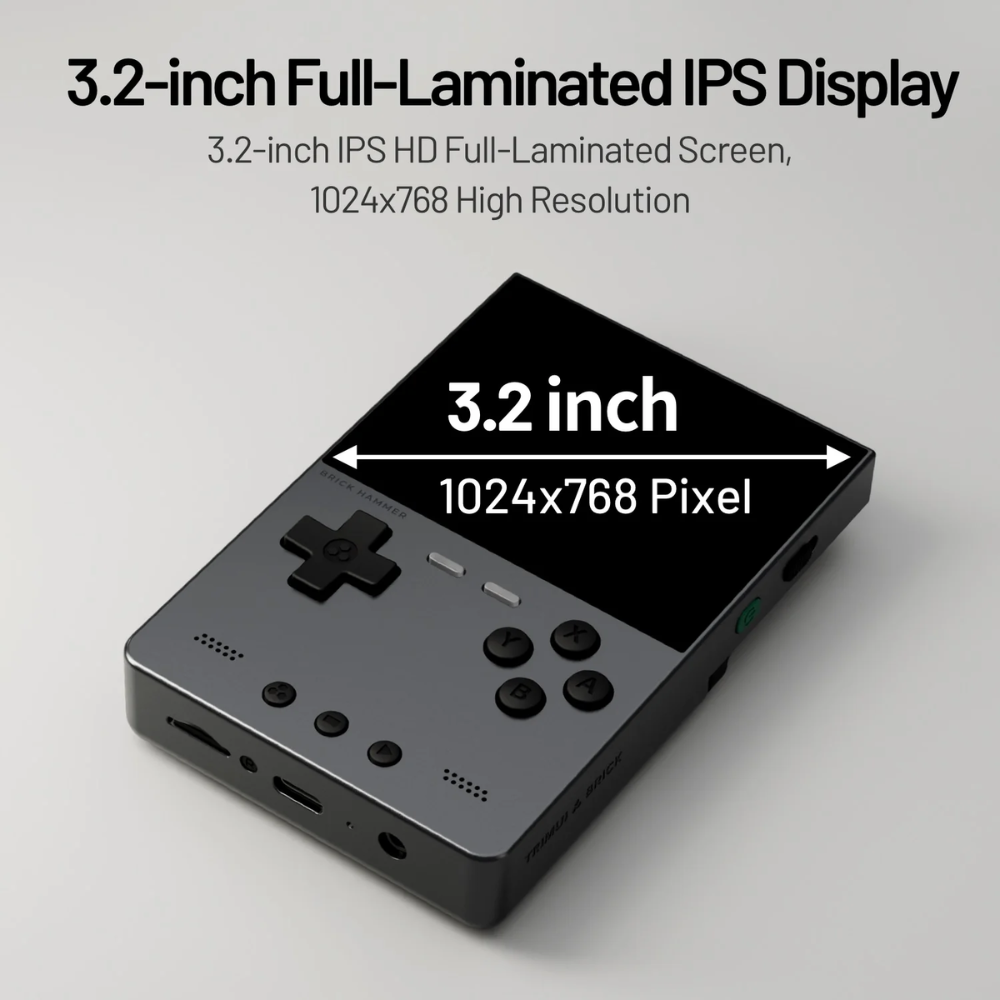 Handheld gaming console with a 3.2-inch Full-Laminated IPS Display on a light gray background