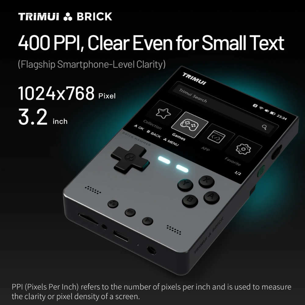 Small handheld device with screen displaying 'TRIMUI' branding and technical specifications.