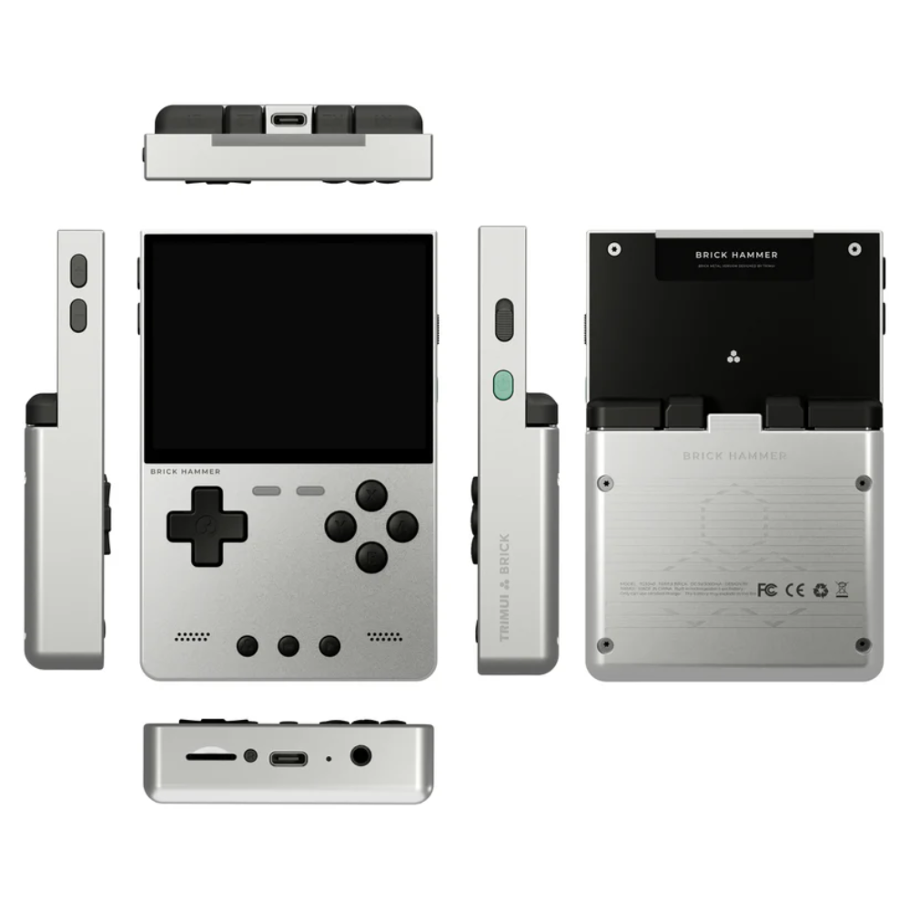 Silver handheld gaming console with multiple views on a white background