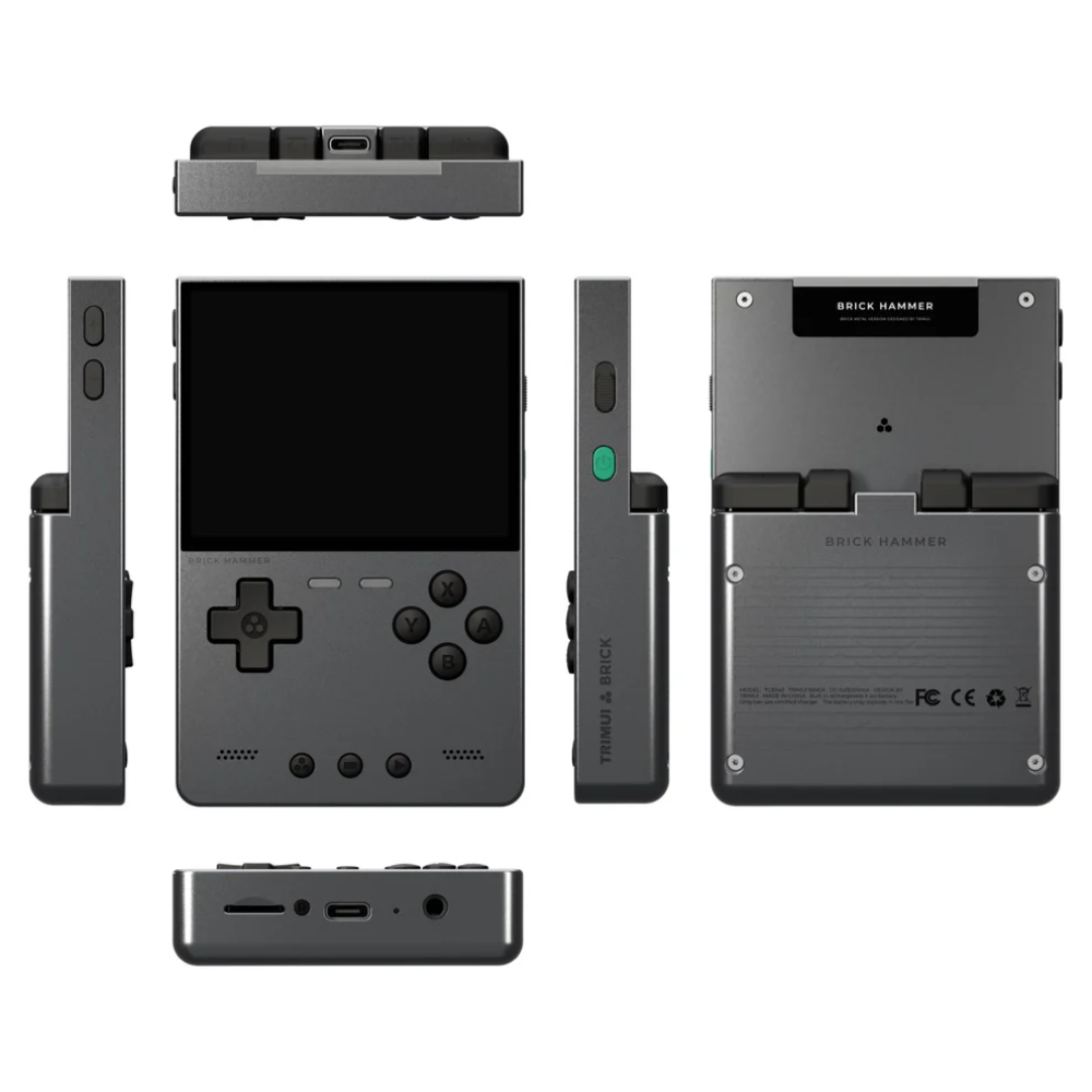 Black handheld gaming console with multiple views on a white background