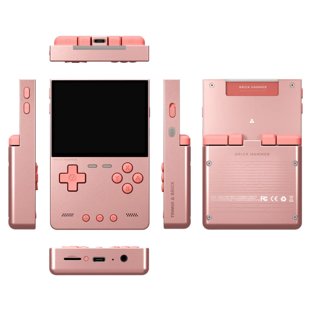 Pink handheld gaming console with multiple views on a white background
