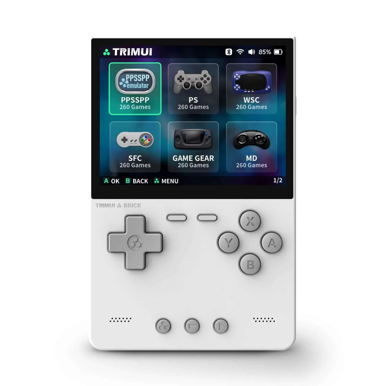 White handheld gaming console with a screen displaying game selection interface on a white background.