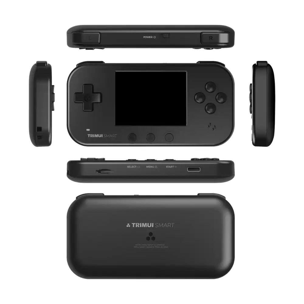 Black handheld gaming console with multiple views on a white background